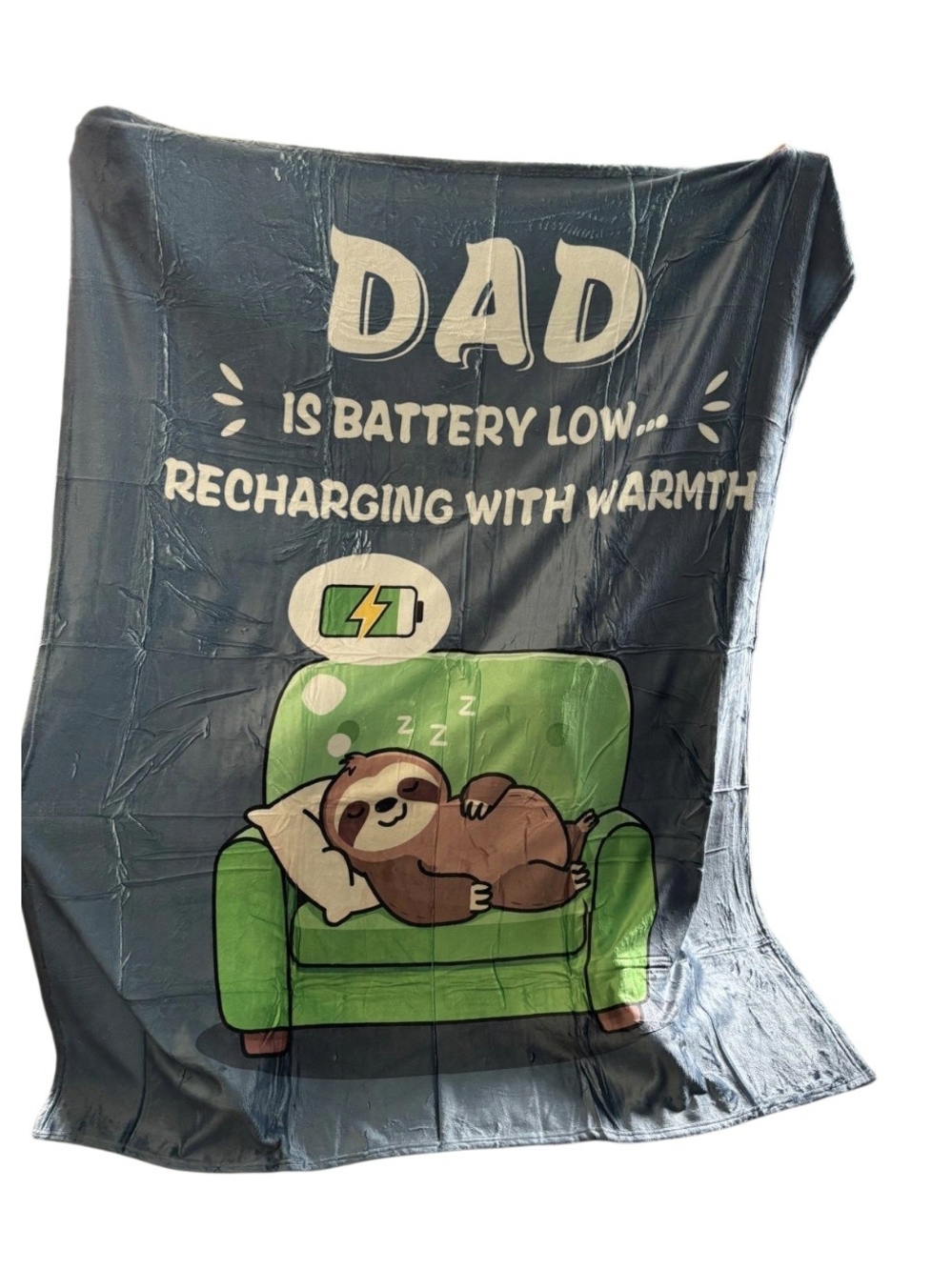 Dad 'Battery Low' Green Sloth Plush Throw Blanket